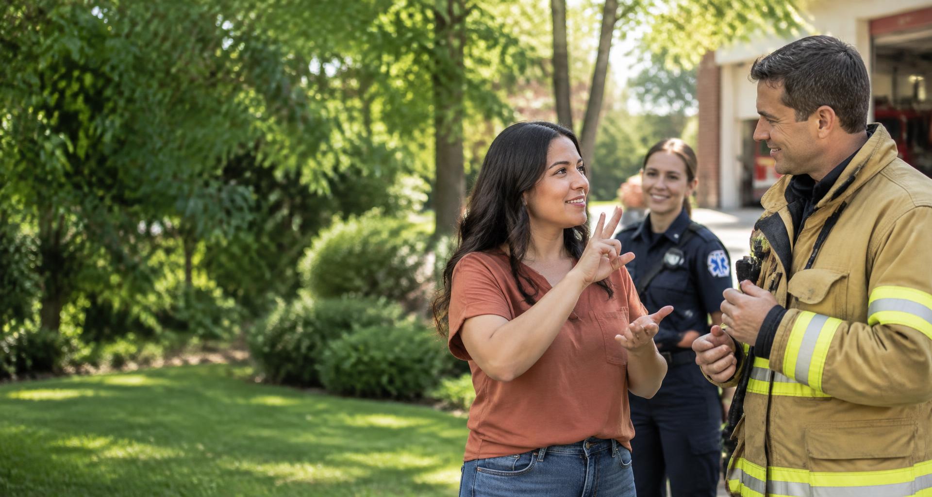 Illustration of a community member signing with a firefighter and an EMS responder